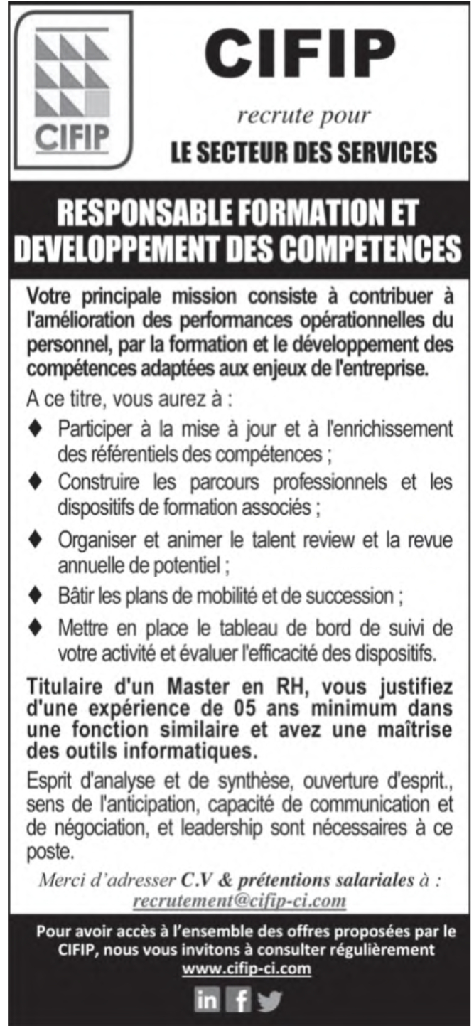 Recrutement de 01 Responsable Formation et Développement des Compétences